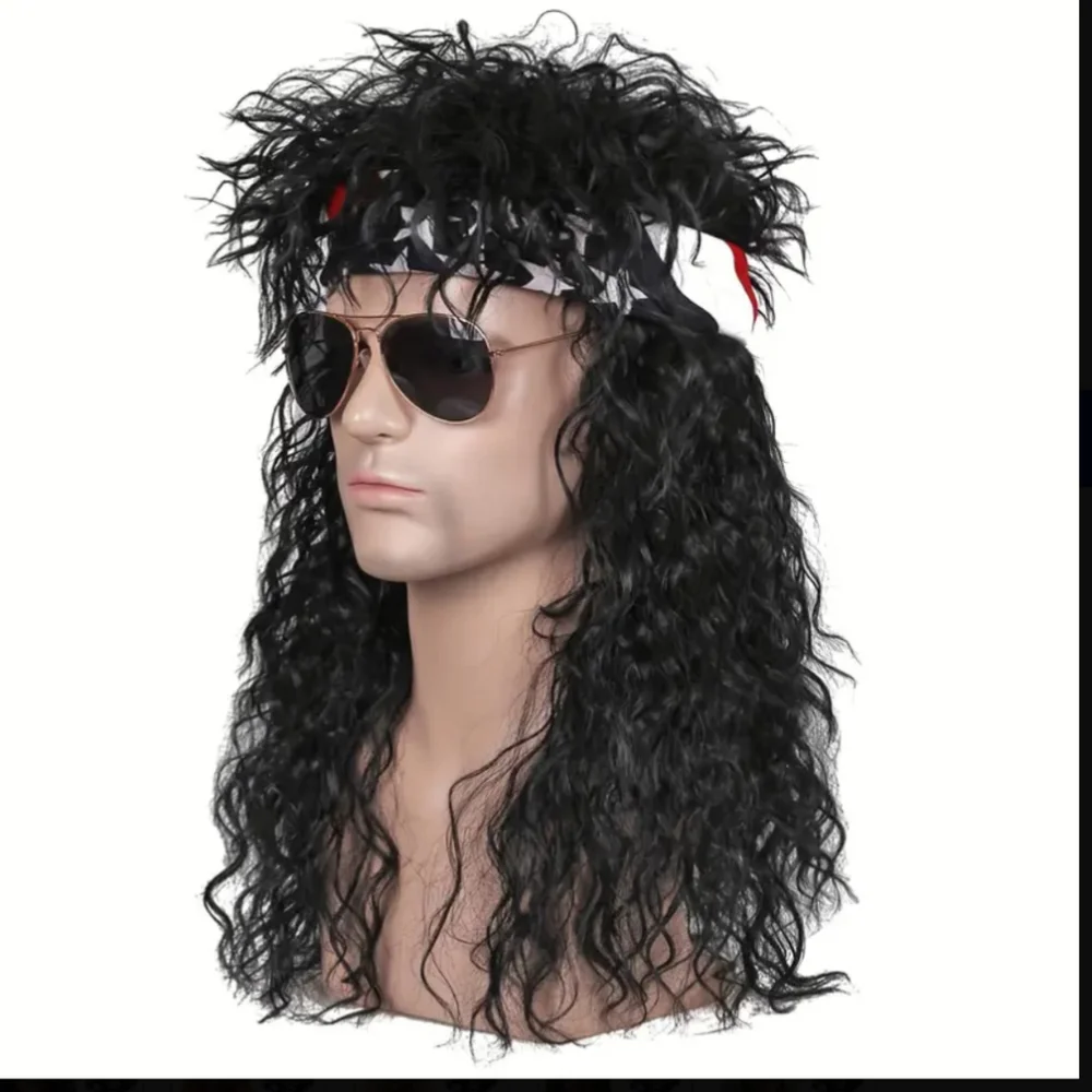 Rocker Costume Long Black Wig Heavy Metal Biker Festival Tattoo Sleeves Cosplay - Picture 10 of 11
